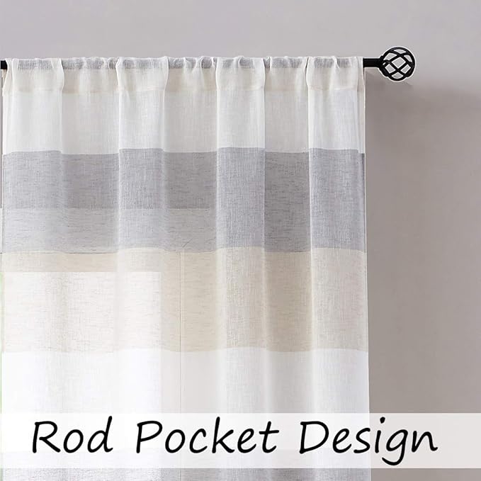 Central Park Gray Tan Stripe Sheer Color Block Window Curtain Panel Linen Window Treatment for Bedroom Living Room Farmhouse 95 inches Long Rod Pocket, 2 Panel Rustic Drapes, 40"x95"x2