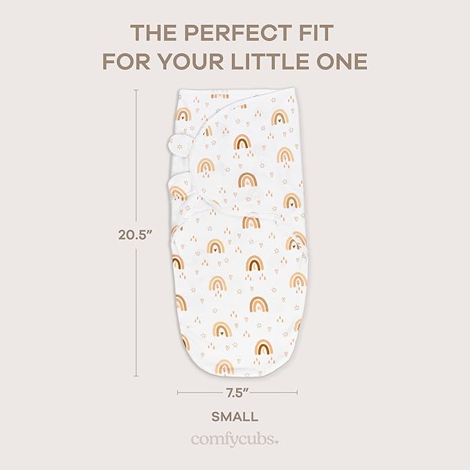 Comfy Cubs Easy Swaddle Blanket, 3 Pack - 100% Cotton Newborn Wrap, Small for 0-3 Months Infants, with Adjustable Velcro, Breathable and Durable Sleep Sack for Babies - Rainbow Bohemian