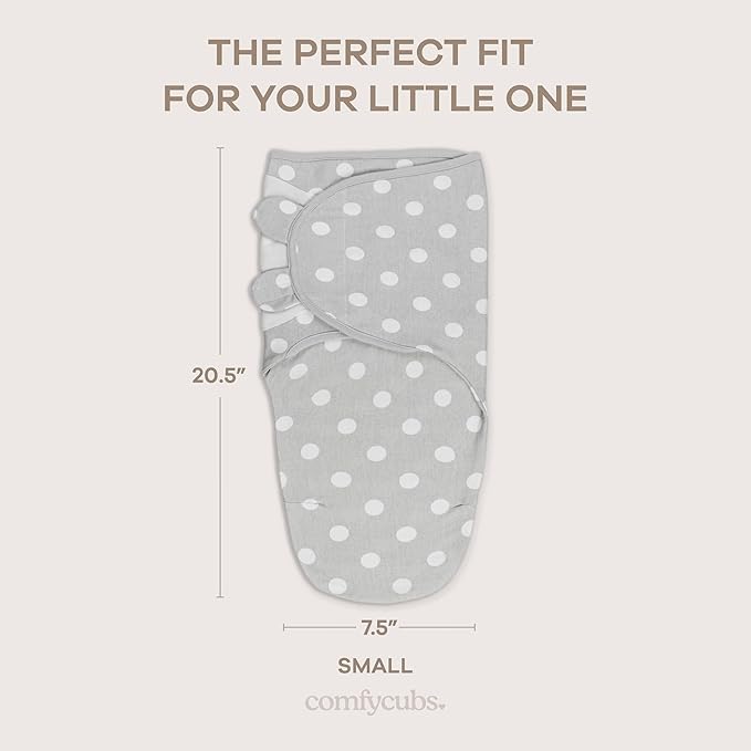 Comfy Cubs Easy Swaddle Blanket, 3 Pack - 100% Cotton Newborn Wrap, Small for 0-3 Months Infants, with Adjustable Velcro, Breathable and Durable Sleep Sack for Babies - Grey