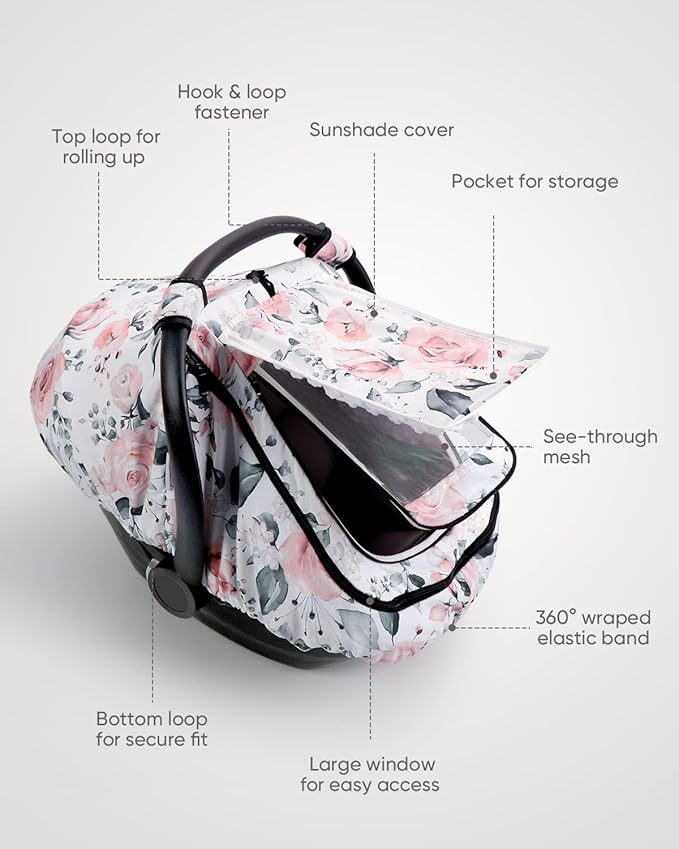 Car Seat Cover Baby Girls, Infant Car Seat Canopy Outdoor, 2 Layers with Mesh and Sun Shade Window for Summer Winter, Easy Access Carseat Covers Snug Fit Baby Stroller - Pink Floral
