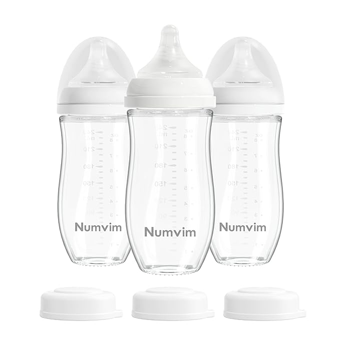 Numvim Natural Glass Baby Bottles with Gentle & Slow Flow Nipples, Newborn Breastfeeding Bottle, Anti-Colic, Includes M Nipples(3 Month+),3 Packs (White 8 Oz)