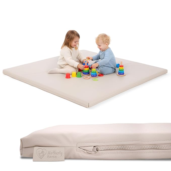 Thick Baby Play Mat – 50x50x1 Rollable Foam Floor Mat for Babies, Tummy Time, Crawling & Safe Indoor Play – Waterproof, Non-Toxic & Easy to Clean – Beige
