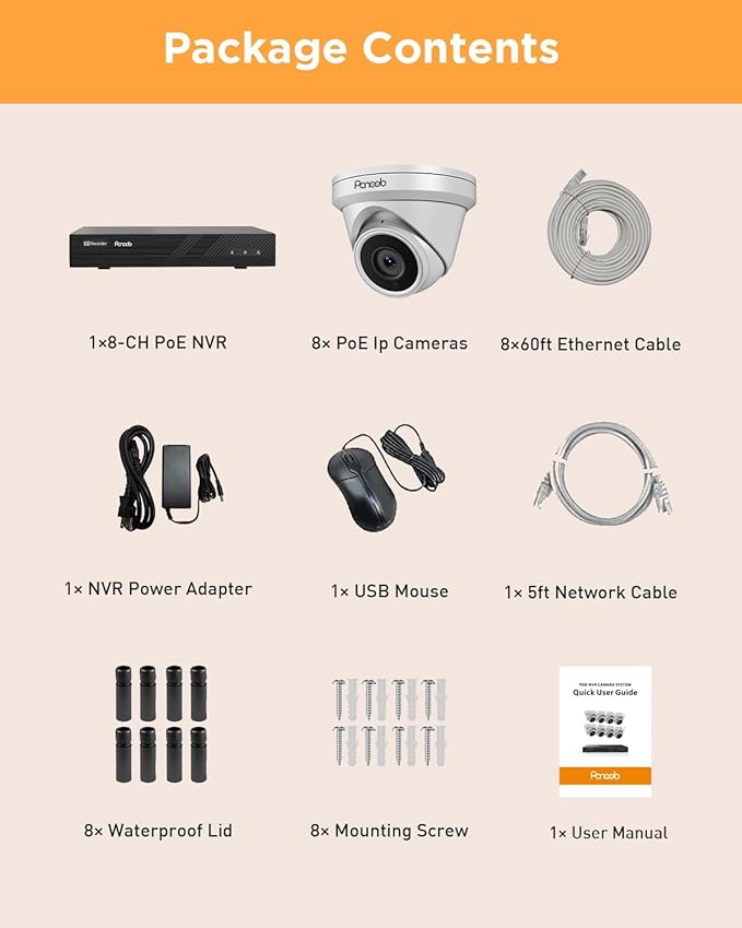 8 Channel Security Camera System PoE, 8X 5MP Wired IP Dome Turret PoE Camera for Indoor and Outdoor, 100ft IR Night Vision, AI Human Detection, Built-in Mic, 4K 8CH NVR 2TB HDD, PD93A0808-5M