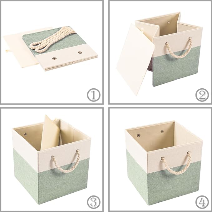 PRANDOM Large Foldable Cube Storage Bins 13x13 inch [2-Pack] Fabric Linen Storage Baskets Cubes Drawer with Cotton Handles Organizer for Shelves Nursery Closet Bedroom Beige/Green