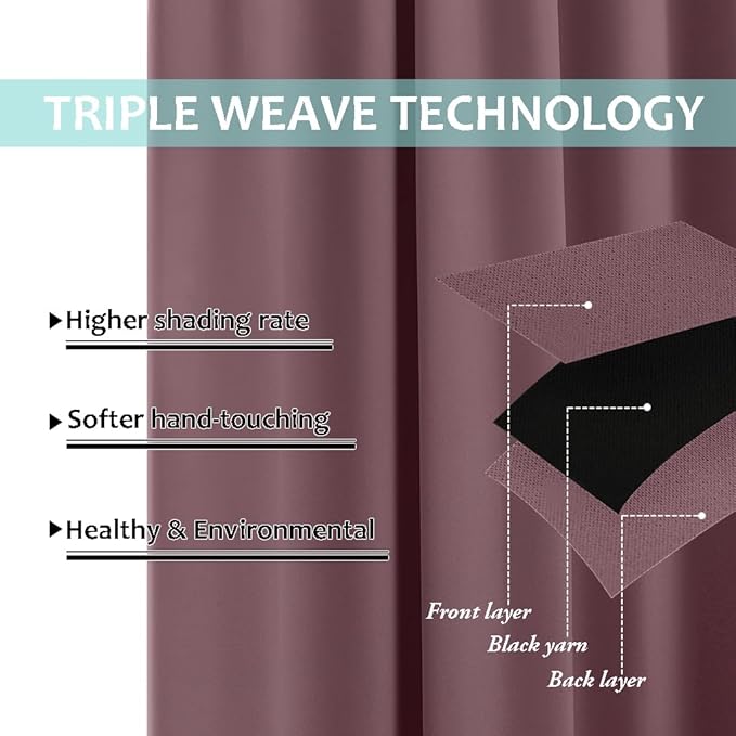 NICETOWN 100% Blackout Short Curtains with Black Liners, 2 Panels, 37" W by 60" L, Dry Rose, Solid Thermal Insulated Full Blackout 2-Layer Lined Drapes, Energy Efficiency Window Drapes for Bedroom
