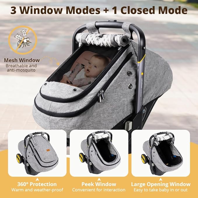 Bioby Waterproof Baby Car Seat Cover, Infant Car Seat Cover for Boy Girl, Roomy Cozy Windproof Sun Protection Baby Carseat Covers Canopy with Breathable Net and Holes, Universal Fitted Gray