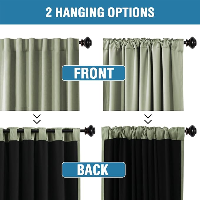 H.VERSAILTEX 100% Blackout Curtains for Bedroom with Black Liner Full Room Darkening Curtain 84 Inch Long Thermal Insulated Back Tab/Rod Pocket Window Treatment Drapes for Living Room, 2 Panels, Sage