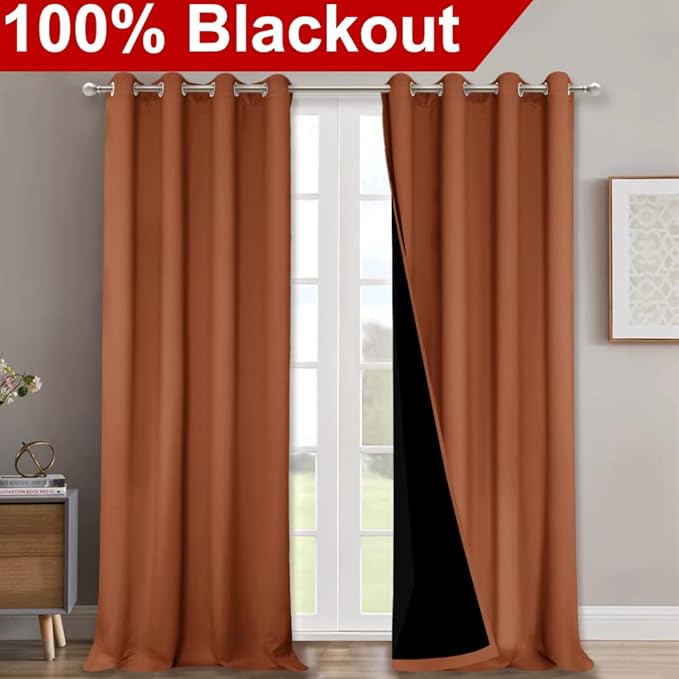 NICETOWN Full Shading Curtains 90 inches Long 2 Panels Set for Windows, Super Heavy-Duty Black Lined Blackout Curtains for Bedroom, Privacy Assured Window Treatment (Burnt Orange, 52 inches W)