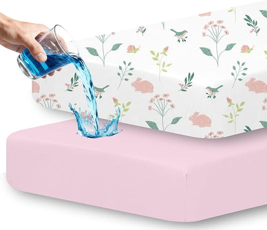 Little Grape Land Waterproof Crib Sheets for Boys Girls, Soft and Breathable Waterproof Baby Crib Sheets 52"x28", Crib Mattress Sheets Neutral for Standard Crib and Toddler Bed Mattress (Bunny)