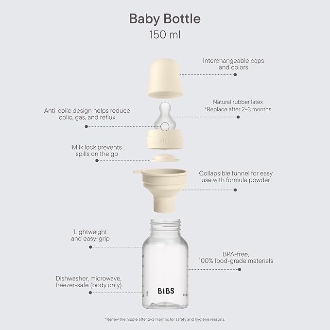 BIBS Baby Bottle 5 oz / 150 ml Silicone Nipple - Anti-Colic, BPA-Free, Round Nipple, Slow Flow, Lightweight & Easy to Clean, Suitable for Newborns 0+ Years - Baby Blue