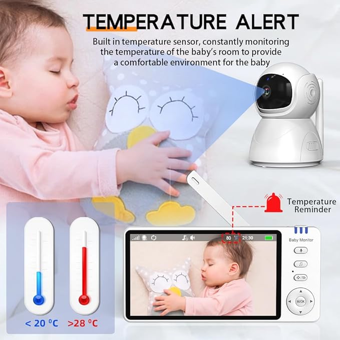 5" Video Baby Monitor with Camera and Audio, No WiFi No App, 720P HD Secure Connection, 1000ft Range, Night Vision, Temp & Feeding Alarm, 355° PTZ