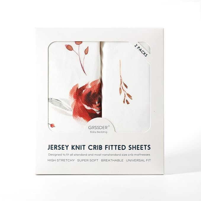 GRSSDER Ultra Soft Jersey Knit Fitted Crib Sheets 2 Pack, Universal Fit Crib Mattress Pads Snug and Safe, Breathable Crib Mattress Sheet for Baby Girls, Pretty Watercolor Pink Rose Flora