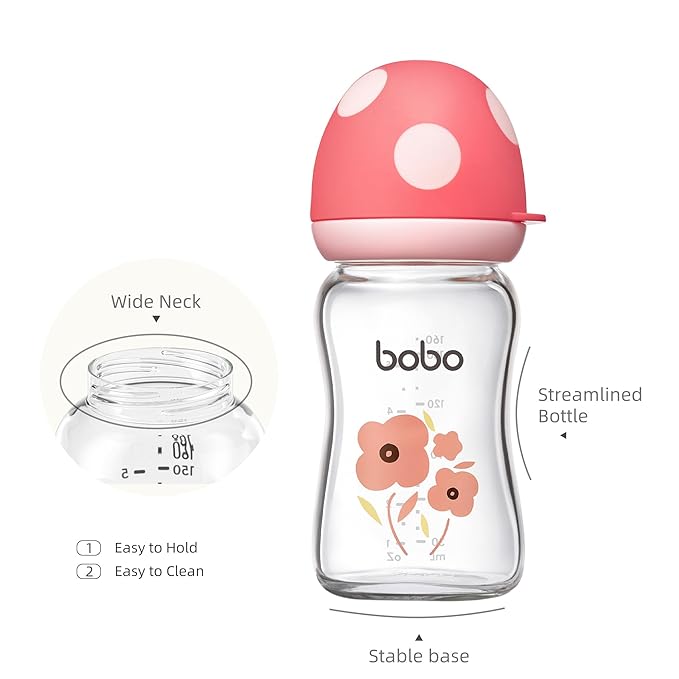 YOHKOH Natural Glass Baby Bottle with Level 1 Slow Flow Nipple, Newborn Anti-Colic Baby Bottles, Wide Neck Mushroom Baby Glass Bottle ((5.4oz (Pack of 4), Red-1)