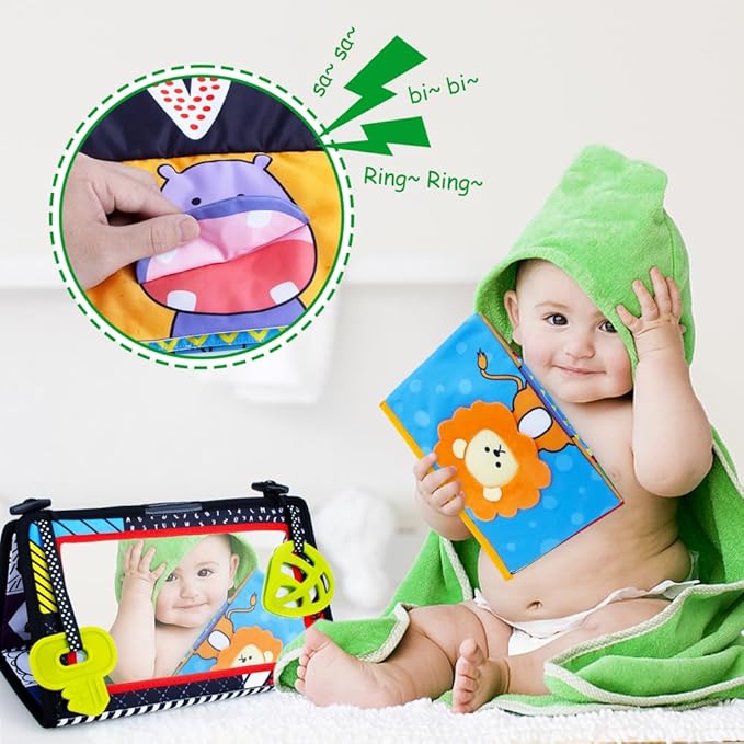 High Contrast Tummy Time Mirror Toy for Babies – Sensory Infant Development Toy with Crinkle Cloth Book & Teethers | Strengthens Neck & Core, Montessori Crawling & Visual Stimulation Toys