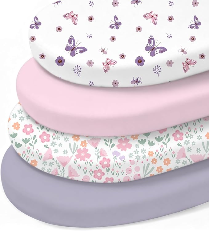 Little Grape Land Bassinet Sheets 4 Pack, 33" x 18" Fitted Bassinet Sheets Up to 4" Deep Pocket, Ultra Soft Baby Bassinet Fitted Sheets for Bassinet Mattress, Butterfly Bloom