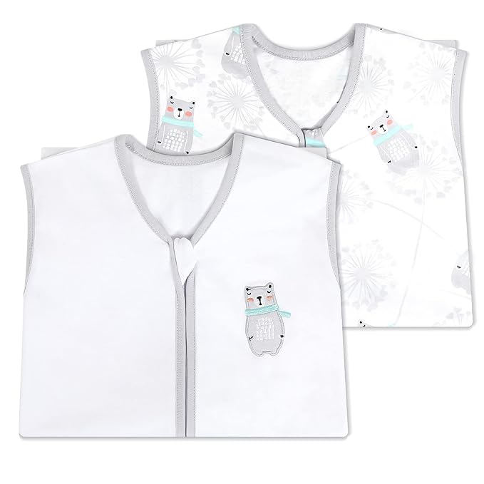 TILLYOU 2 Pack Baby Sleep Sack 12-18 Months 100% Cotton Wearable Blanket 0.5 TOG Sleeveless Summer Sleep Sacks with 2-Way Zipper, Gray Bear & White