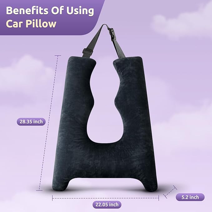 Car Pillow for Kids Travel Pillow with Adjustable Strap, Kids Floor Pillows Cushions for Adults and Children to Support Head and Body Road Trip Essentials (Dark Black)