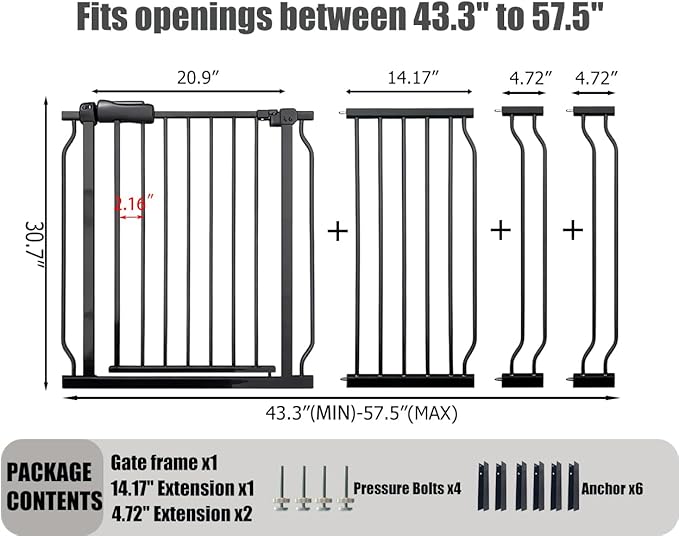 Extra Wide Baby Gate, 52.7-57.5 Inch, Large Walk Through, Black Metal, Pressure Mounted, Long Safety Dog Gate for House Doorways & Stairs