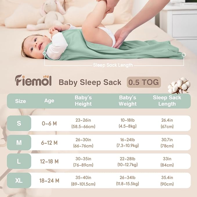 FIEMOL Baby Sleep Sack 6-12 Months, 100% Cotton Sleeping Sack for Newborn and Infant, 3 Pack Baby Wearable Blanket, 0.5 Tog Lightweight Double Zipper Sleep Bag Apricot