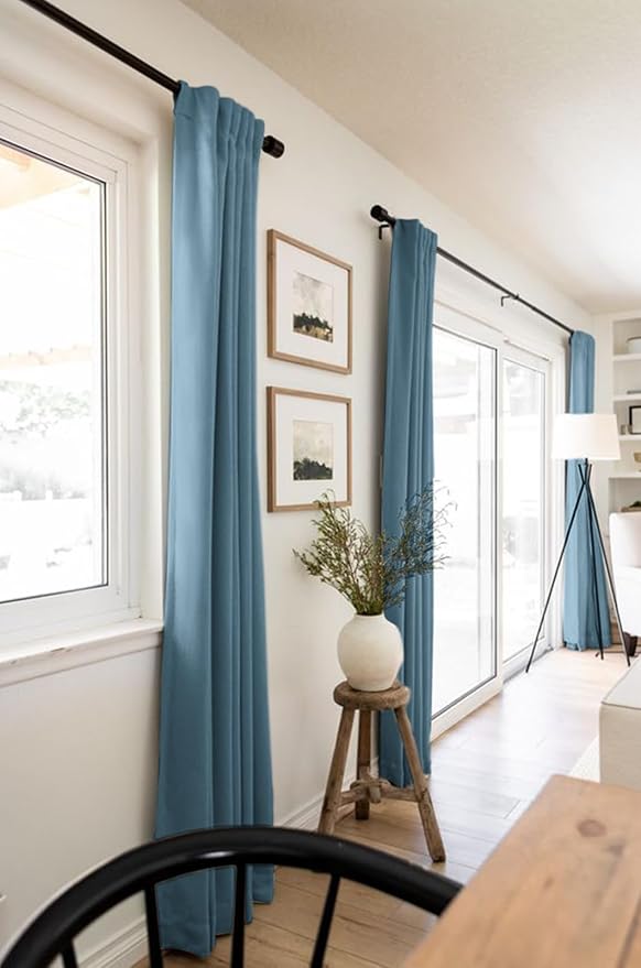 100% Blackout Shield Linen Blackout Curtains for Bedroom 90 Inches Long, Back Tab/Rod Pocket Living Room Drapes, Thermal Insulated Blackout Curtains 2 Panels Set, 50" W x 90" L, Stone Blue