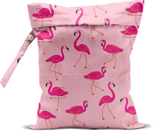 Pink Flamingo Wet Bags 12x10 Inch, Flamingos Seamless Pattern Waterproof Travel Laundry Bags, Reusable Wet Dry Bag for Swimsuit Pool Beach Diapers Dirty Yoga Gym Clothes, Flamingo Gifts for Women