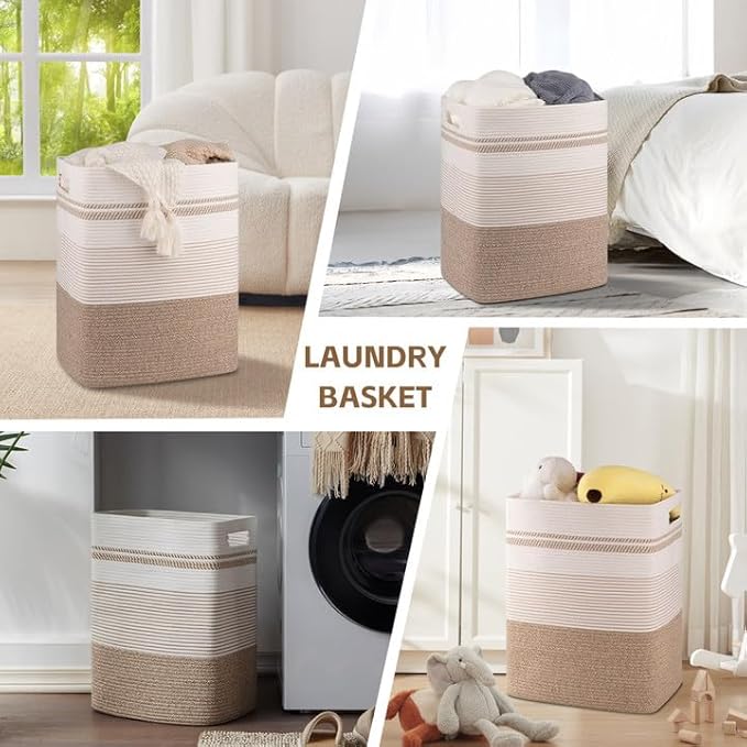 Laundry Basket, Large Woven Rope Tall Laundry Basket with Handles, Decorative Storage Basket for Clothes and Blankets in Living room, Bedroom
