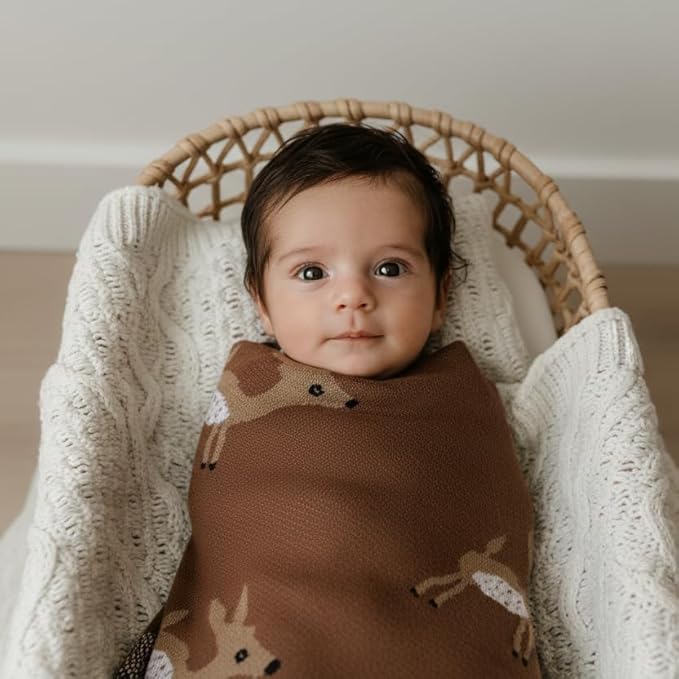 Knit Baby Swaddling Blanket - 100% Cotton Lightweight Soft Cozy Receiving Swaddle Stroller Quilt Blanket for Shower Gift Registry for Newborns, Infants, Toddlers (Deer - Mocha)