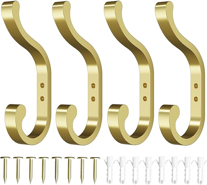 Large Wall Hooks for Hanging Coats: Heavy Duty Wall-Mount Hanger (Hold 30 LB), Mudroom Hooks for Clothes, Backpack, Purse, Bathroom Towel (Gold, 4 Pack)