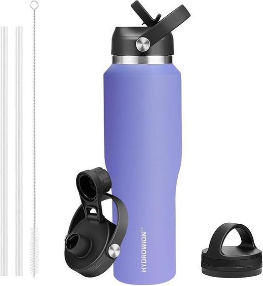 HYDROWION 40 oz Insulated Water Bottle with Straw fit in Car Cup Holder(Cold 48 hrs, Hot 24 hrs) Drinking Bottle with Straw Lid, Spout Lid and Flex Cap Leakproof Travel Thermo Mug，Purple