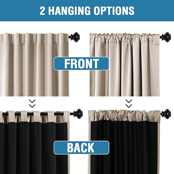 H.VERSAILTEX 100% Blackout Curtains for Bedroom with Black Liner Full Room Darkening Curtains Thermal Insulated Back Tab/Rod Pocket Window Drapes for Living Room, 2 Panels, 42 x 63 Inch, Natural Sand