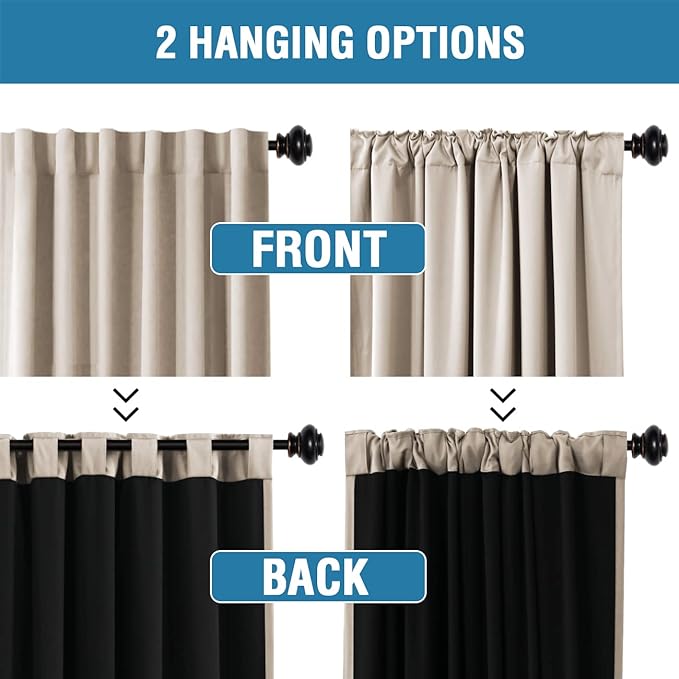 H.VERSAILTEX 100% Blackout Curtains for Bedroom with Black Liner Full Room Darkening Curtains Thermal Insulated Back Tab/Rod Pocket Window Drapes for Living Room, 2 Panels, 42 x 84 Inch, Natural Sand