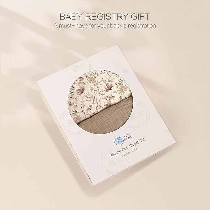 lulumoon Baby Crib Sheets Fitted: Soft Muslin Cotton Sheets for Standard Crib - Mocha Floral for Girls 2Pack