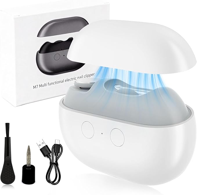 Electric Nail Clipper, Electric Nail Clippers for Seniors & Adults, Baby Automatic Nail Clipper with LED Light & Nail Scraps Storage, 3-in-1 Electric Nail Trimmer for Toenails & Fingernails (White)