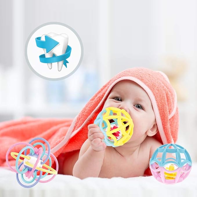WEofferwhatYOUwant Baby Teether and Sensory Play Ball Set - 3 Piece Bundle with Rattle Teething Ring 2 BPA-Free Grasping Balls Safe Montessori Developmental Toys for Infants and Toddlers 0-6 Months