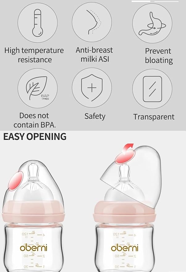 Oberni Glass Baby Bottles,Anti Colic Breastfeeding Bottle with Natural Response Nipple Size S,Wide Neck Slow Flow Baby Bottle for Baby,Newborn,Preemie 0-3 0-6 Month,BPA Free (Pink, 2 Pack, 4 Ounce)
