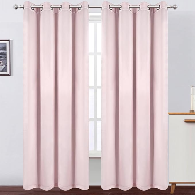 LEMOMO 100% Blackout Curtains 52 x 95 Inches Long Thermal Insulated Baby Pink Curtains with Black Liner Set of 2 Panels for Nursery Room