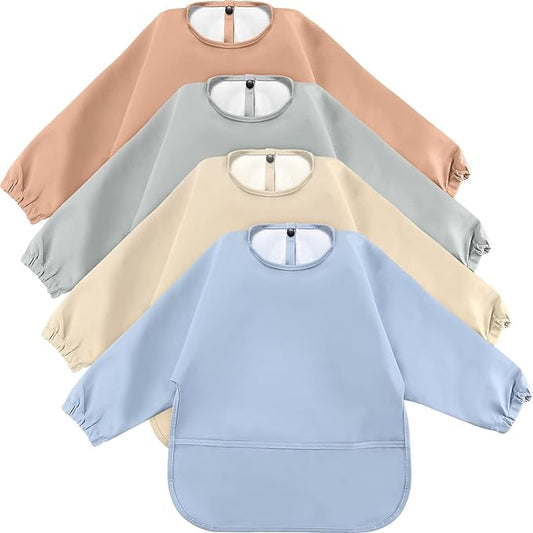 JaGely 4 Pack Long Sleeve Bibs Baby Smock Waterproof Sleeved Bids with Food Catcher for Baby Eating Feeding Ages 6-36 Months
