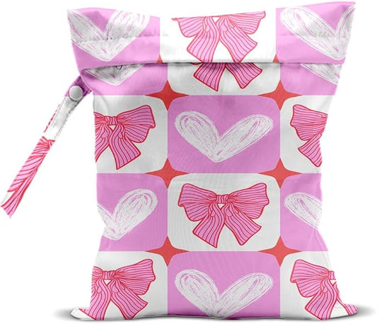 Pink Bow Wet Bags 12x10 Inch, Grid Waterproof Travel Laundry Bags, Heart Washable Reusable Wet Dry Bag for Swimsuit Pool Beach Diapers Dirty Yoga Gym Clothes, Pink Gifts for Women Friend Travelers