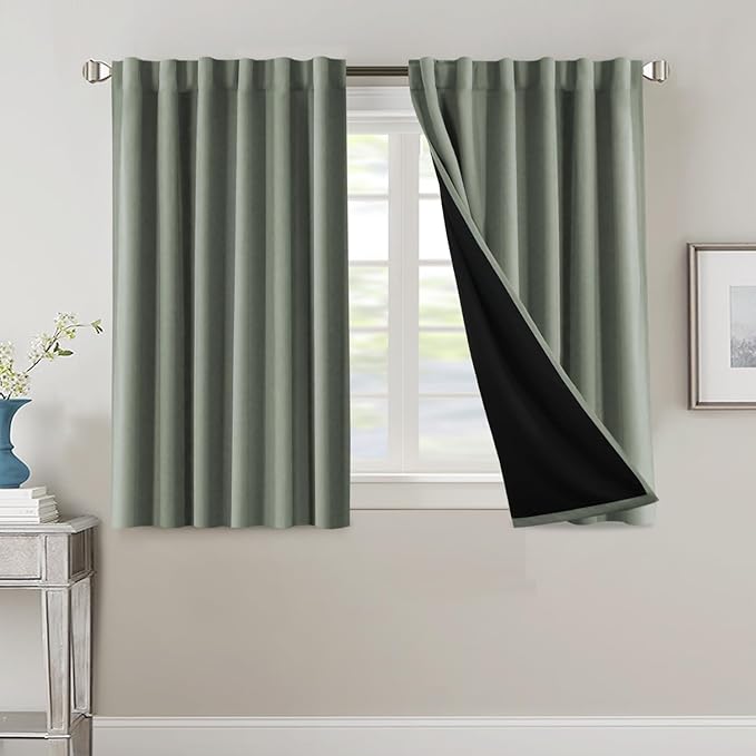 H.VERSAILTEX 100% Blackout Curtains for Bedroom with Black Liner Full Room Darkening Curtains 45 Inch Long Thermal Insulated Back Tab/Rod Pocket Window Drapes for Living Room, 2 Panels, Cyan