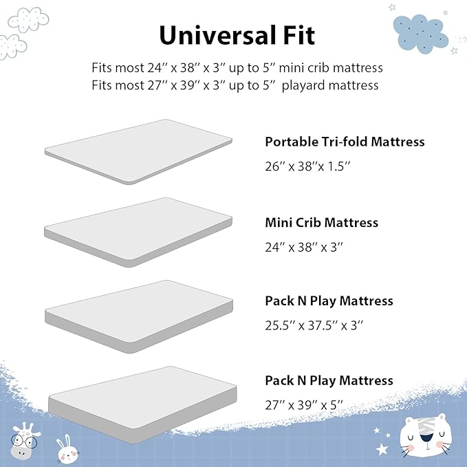 Baby Mini Crib Sheets Boy, Portable 38”x26” Pack and Play Sheets Fitted for Playard and Pack N Play Mattress, 3-Pack Soft Microfiber Blue Cloud Animals