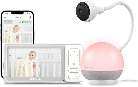 CHILLAX Baby Monitor Baby Mood Plus,5-inch 1080p HD Camera Wi-Fi Baby Monitor,with Sleep Trainer & Mood Light Soother,Flexible Gooseneck and 360°Pan View,Accessible via Phone App and Nursery Features