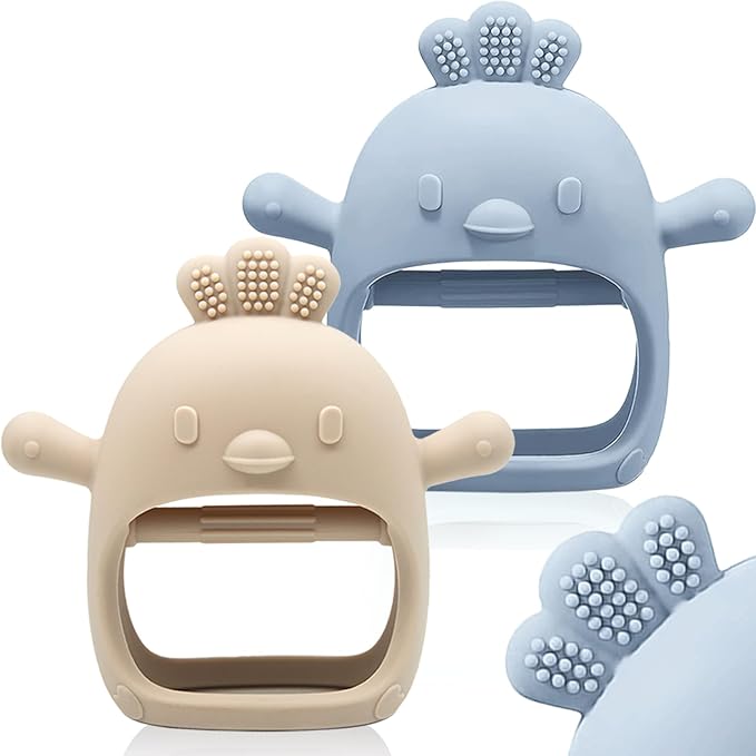 2 Pack Baby Teething Toy Silicone Teething Mitten for Babies Over 3 Months Anti Dropping Wrist Hand Teethers Baby Chew Toys for Sucking Needs, BPA Free (Blue & Caramel)