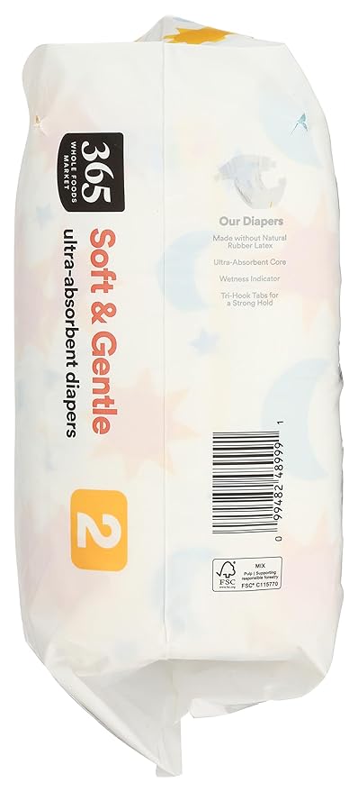 365 by Whole Foods Market, Soft & Gentle Size 2 Diapers with Wetness Indicator, Ultra-Absorbent, Hypo-Allergenic, 36 Count