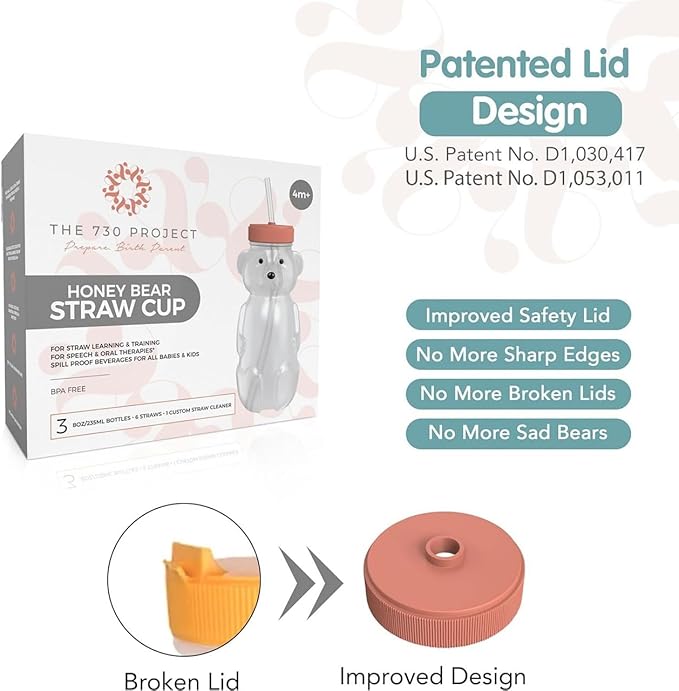 The 730 Project Honey Bear Straw Cup for Babies, 8-oz Honey Bear Cup with Lid, 3-Pack Therapy Learning Honeybear Straw, Baby Bottle Set, Firetruck RED