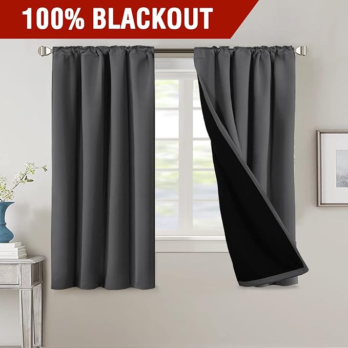 H.VERSAILTEX 100% Blackout Curtains for Bedroom with Black Liner Full Room Darkening Curtain Thermal Insulated Back Tab/Rod Pocket Window Drapes for Living Room, 2 Panels, 42 x 63 Inch, Charcoal Grey