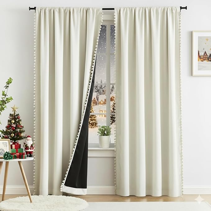 Treatmentex Natural Blackout Curtains for Bedroom Living Room 90inch Long Iovry/Beige Pom Pom Curtain Panels for Windows Thermal Insulated Curtains for Kids Nursery Room Rod Pocket 52" W x 2pcs