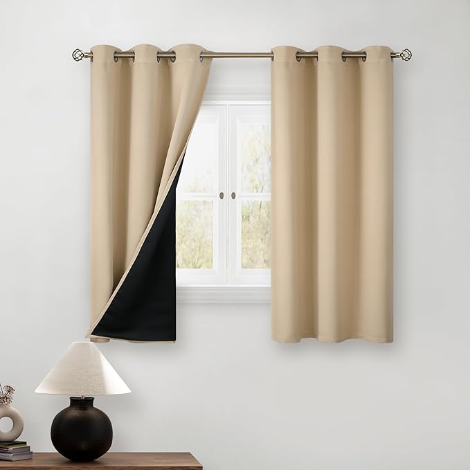 BGment Short 100% Blackout Curtains for Bedroom, Thermal Insulated Energy Efficiency Noise Reducing Grommet Curtains 54 Inch Length with Liner for Small Window 2 Panels Each 42 Inch Wide, Beige