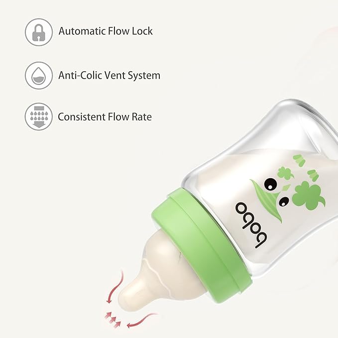 YOHKOH Glass Baby Bottles with Slow Flow Nipple, Newborn Anti-Colic Baby Bottles for 0+ Months, Wide Neck Feeding Bottle, Clear (Green, 5oz (Pack of 4))