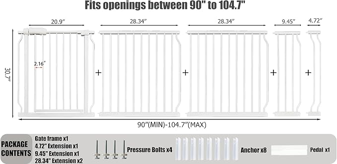 Heavy Duty Baby & Dog Safety Gate 86-104.7 Inch, White Metal, Tension Mounted No Drilling Pet Gate for Large Openings