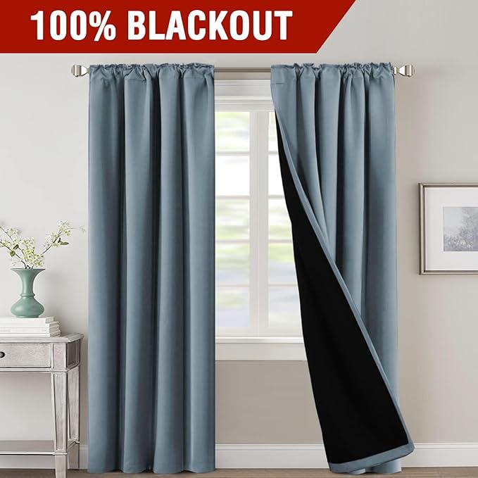 H.VERSAILTEX 100% Blackout Curtains for Bedroom with Black Liner Full Room Darkening Curtains Thermal Insulated Back Tab/Rod Pocket Window Drapes for Living Room, 2 Panels, 42 x 84 Inch, Stone Blue